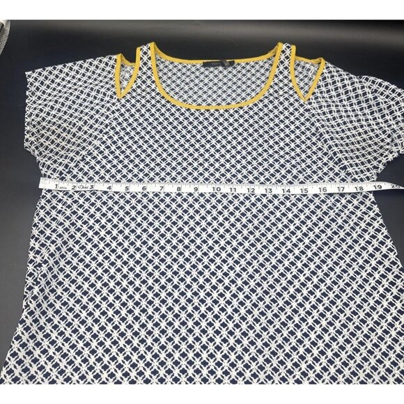 THML Women’s Blue White Yellow Trim Cold Shoulder Peek A Boo Blouse Top Sz M - Picture 8 of 9